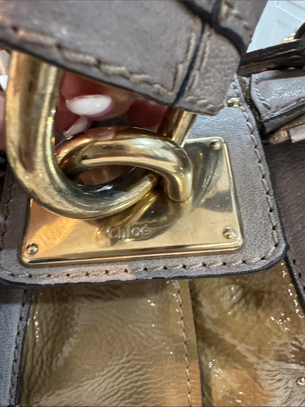 Chloe Olive and Taupe Patent Leather Satchel